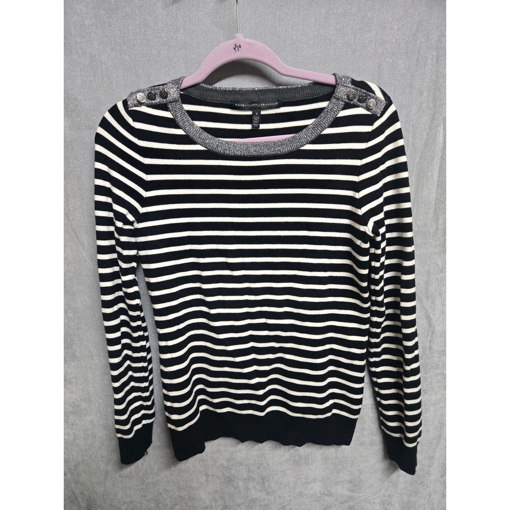 White House Black Market Striped Button Shoulder‎ Metallic Trim Sweater Black S
